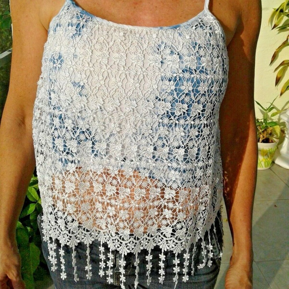 Lace Crochet Boho festival Hippie blue Tie Dye spaghetti strap crop top